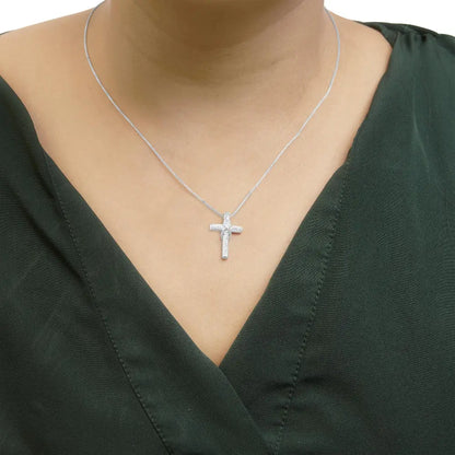 .925 Sterling Silver 1/10 Cttw Diamond Inlaid Cross with Ribbon Pendant Necklace (i-j Color I2-i3 Clarity) - 18’’