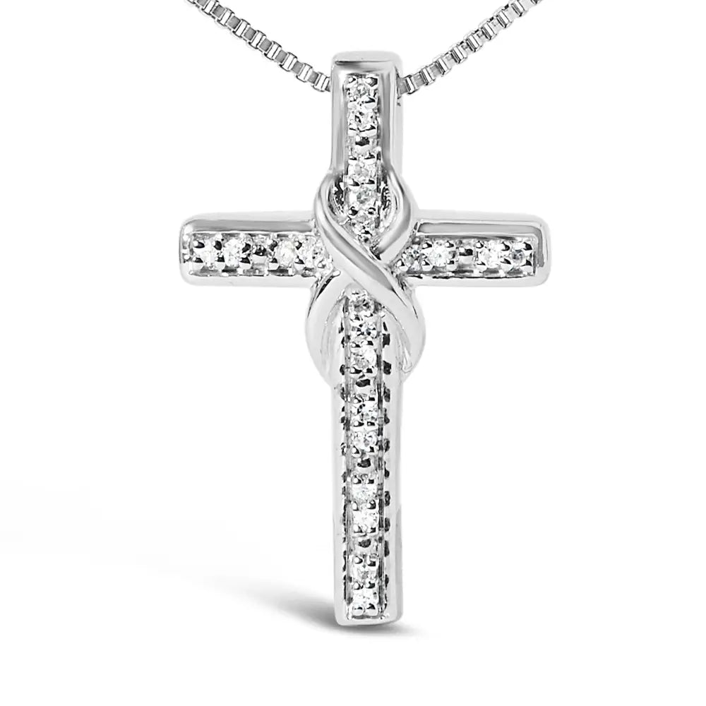 .925 Sterling Silver 1/10 Cttw Diamond Inlaid Cross with Ribbon Pendant Necklace (i-j Color I2-i3 Clarity) - 18’’