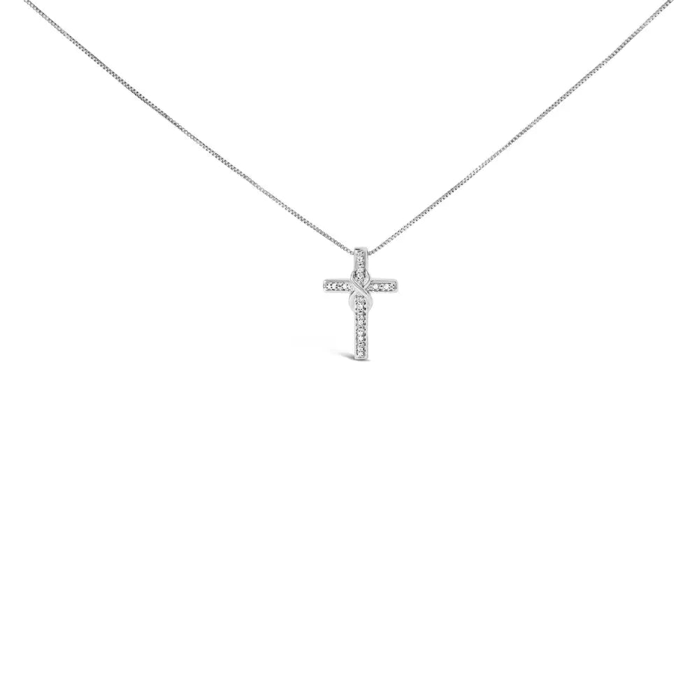 .925 Sterling Silver 1/10 Cttw Diamond Inlaid Cross with Ribbon Pendant Necklace (i-j Color I2-i3 Clarity) - 18’’