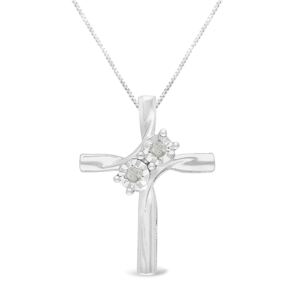 .925 Sterling Silver 1/10 Cttw Diamond Miracle-set 2 Stone ?Together Forever’ Curved Cross 18” Pendant Necklace