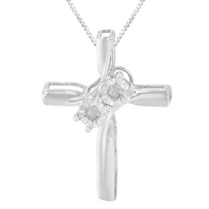 .925 Sterling Silver 1/10 Cttw Diamond Miracle-set 2 Stone ?Together Forever’ Curved Cross 18” Pendant Necklace