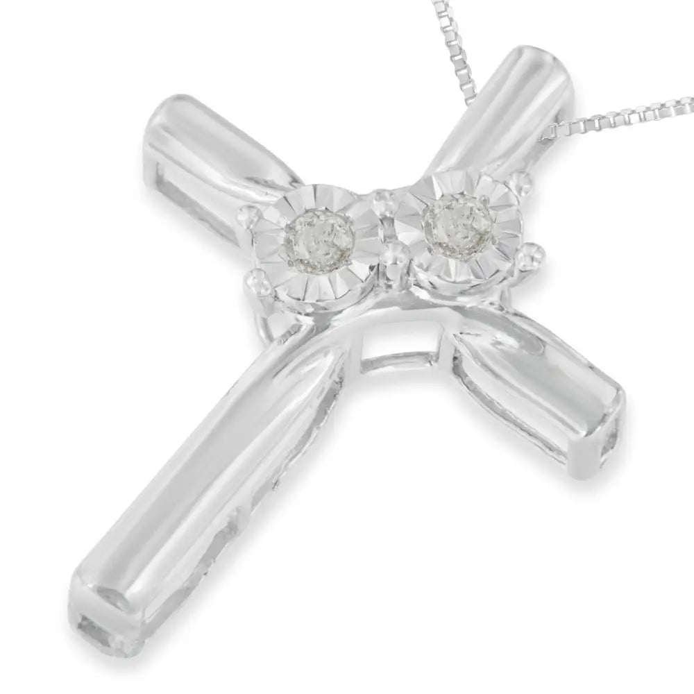 .925 Sterling Silver 1/10 Cttw Diamond Miracle-set 2 Stone ?Together Forever’ Curved Cross 18” Pendant Necklace