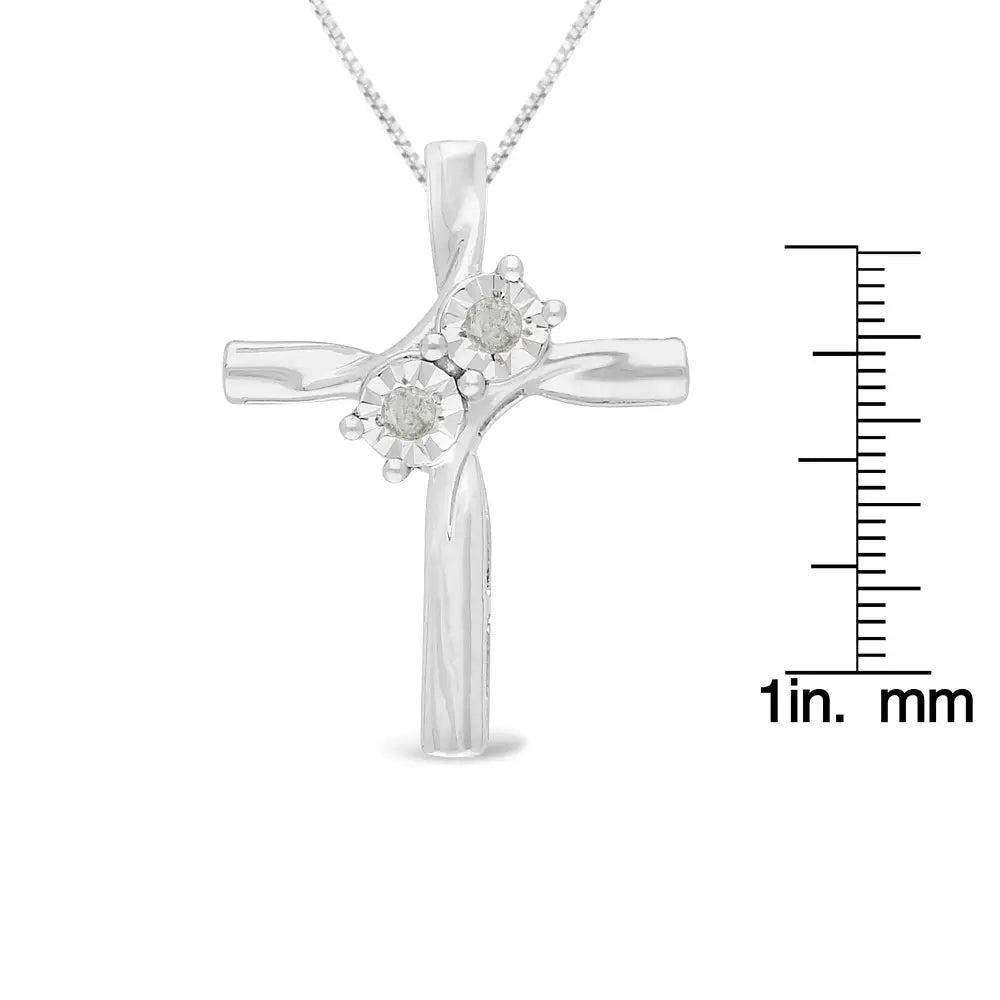 .925 Sterling Silver 1/10 Cttw Diamond Miracle-set 2 Stone ?Together Forever’ Curved Cross 18” Pendant Necklace