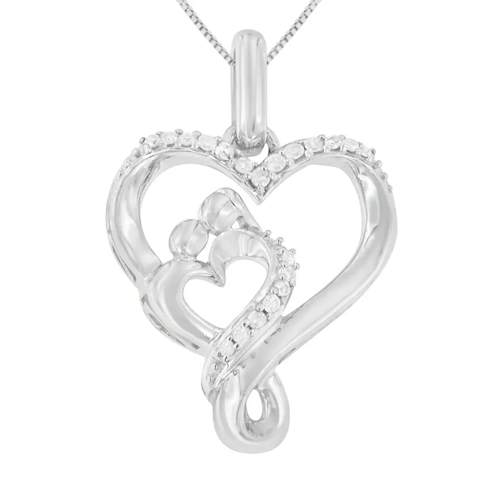 .925 Sterling Silver 1/10 Cttw Diamond Mother & Child Double Open Heart 18’’ Pendant Necklace (i-j Color I3