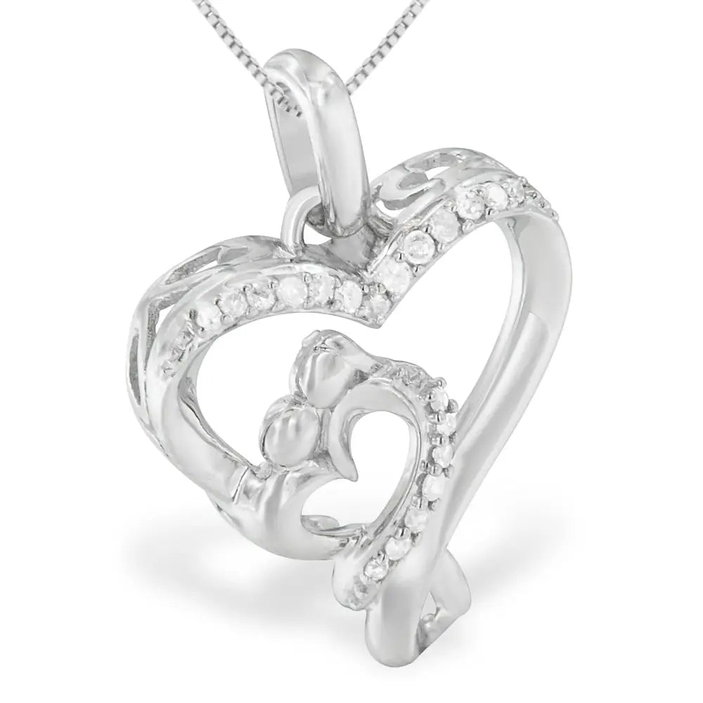 .925 Sterling Silver 1/10 Cttw Diamond Mother & Child Double Open Heart 18’’ Pendant Necklace (i-j Color I3