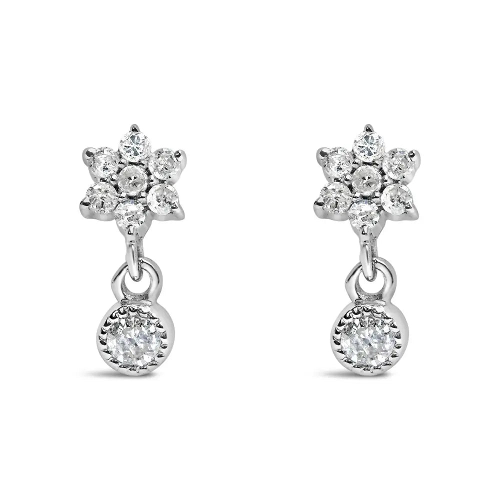 .925 Sterling Silver 1/10 Cttw Diamond Star Stud with Bezel Drop Dangle Earrings (i-j Color I2-i3 Clarity) - Fine