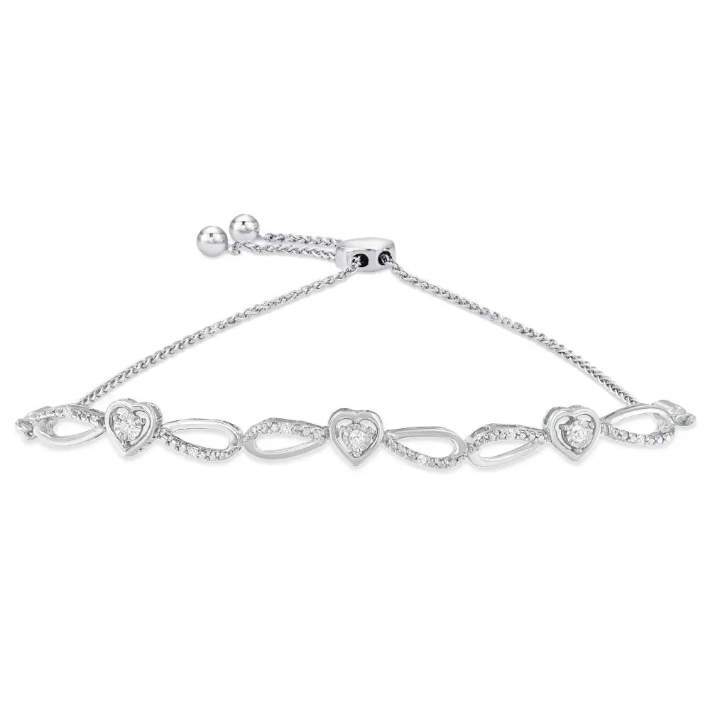 .925 Sterling Silver 1/10 Cttw Diamond Triple Heart-in-infinity Bolo Style Adjustable Bracelet (h-i Color I2-i3