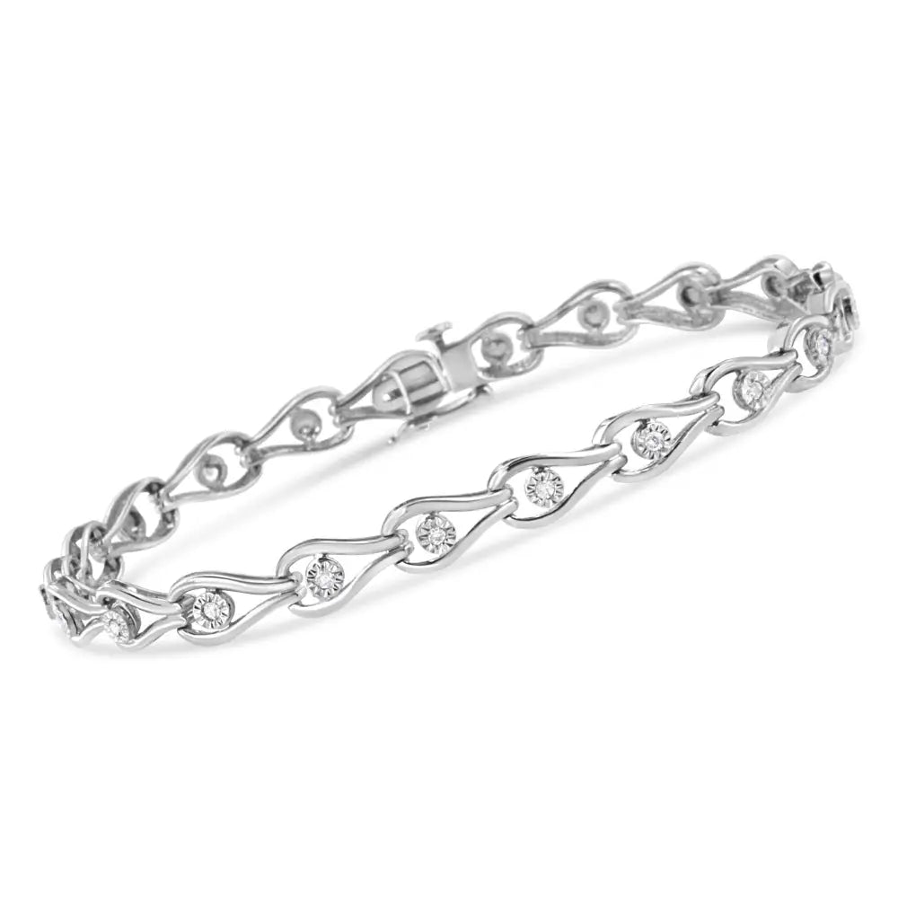 .925 Sterling Silver 1/10 Cttw Miracle-set Diamond Pear Shape and Bezel Link Bracelet (i-j Color I3 Clarity)