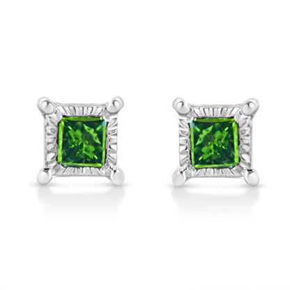 .925 Sterling Silver 1/10 Cttw Miracle Set Princess-cut Treated Green Diamond Stud Earrings (green Color I1-i2 Clarity)