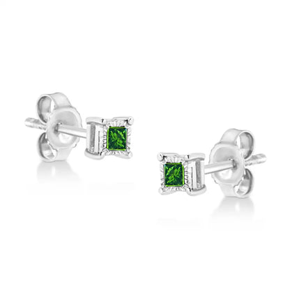 .925 Sterling Silver 1/10 Cttw Miracle Set Princess-cut Treated Green Diamond Stud Earrings (green Color I1-i2 Clarity)