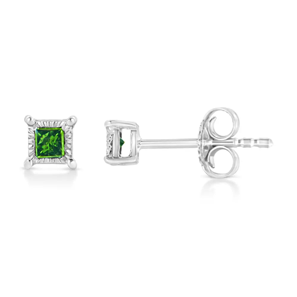 .925 Sterling Silver 1/10 Cttw Miracle Set Princess-cut Treated Green Diamond Stud Earrings (green Color I1-i2 Clarity)