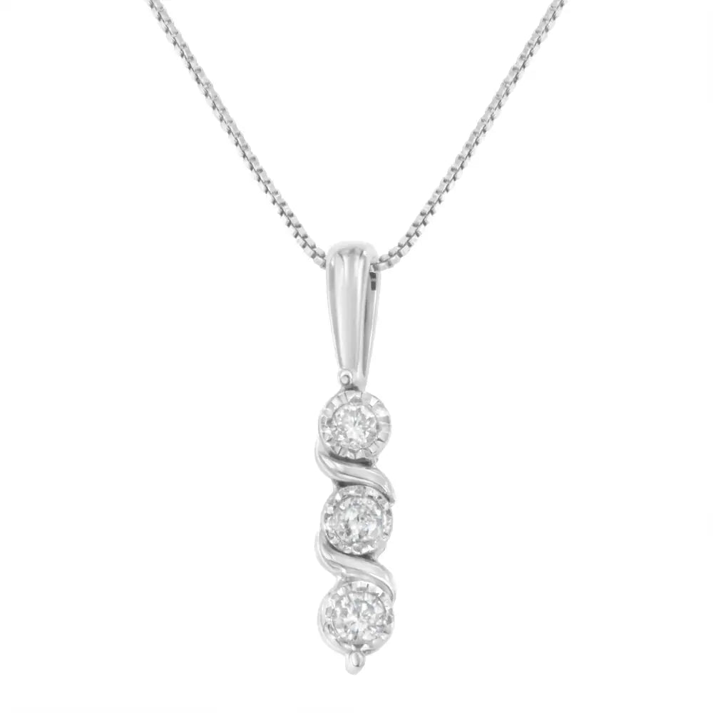 .925 Sterling Silver 1/10 Cttw Miracle-set Round Cut Diamond Three Stone Drop Pendant 18’’ Necklace (h-i Color