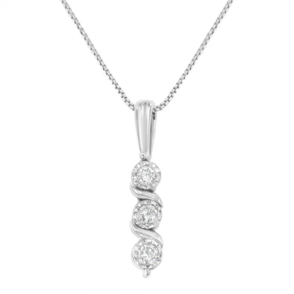 .925 Sterling Silver 1/10 Cttw Miracle-set Round Cut Diamond Three Stone Drop Pendant 18’’ Necklace (h-i Color