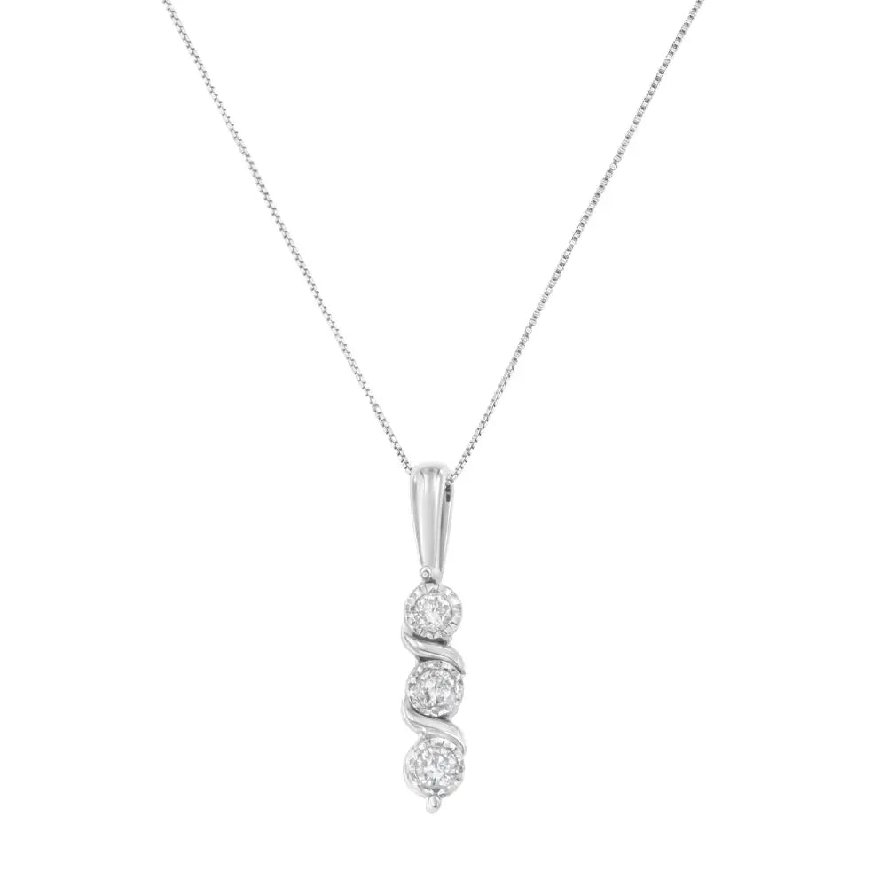 .925 Sterling Silver 1/10 Cttw Miracle-set Round Cut Diamond Three Stone Drop Pendant 18’’ Necklace (h-i Color