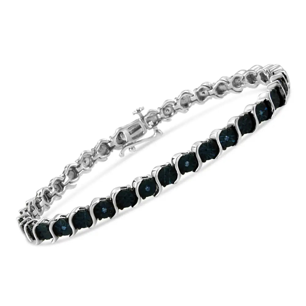 .925 Sterling Silver 1/10 Cttw Miracle-set Treated Blue Color Diamond Miracle Plate ?S’ Link Tennis Bracelet (blue