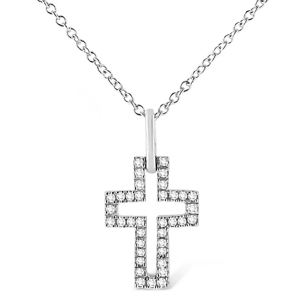 .925 Sterling Silver 1/10 Cttw Pave-set Round-cut Diamond Open Cross 18’’ Pendant Necklace (i-j Color I1-2 Clarity)