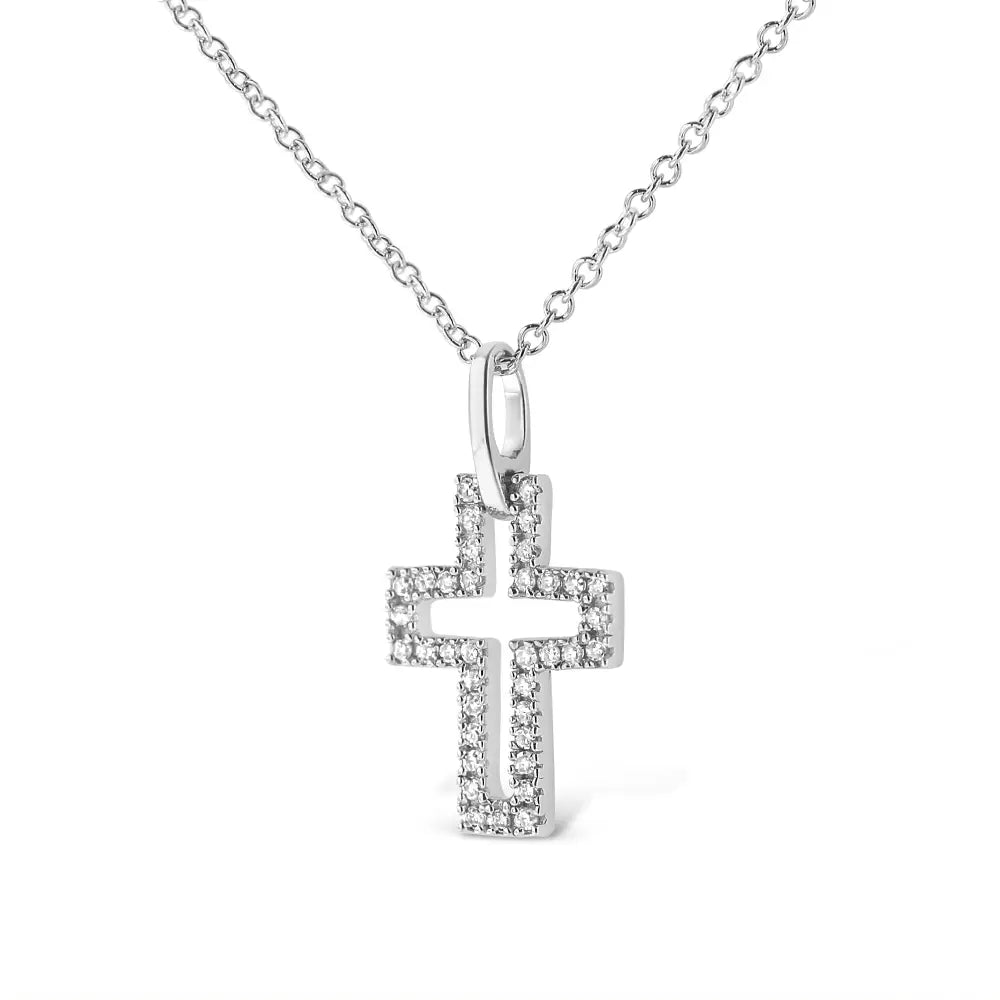 .925 Sterling Silver 1/10 Cttw Pave-set Round-cut Diamond Open Cross 18’’ Pendant Necklace (i-j Color I1-2 Clarity)