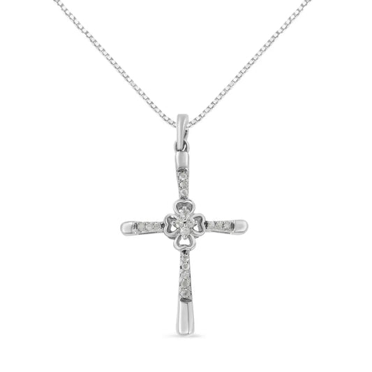 .925 Sterling Silver 1/10 Cttw Prong Set Diamond Cross 18’’ Pendant Necklace - (i-j Color I3-promo Quality) - Fine