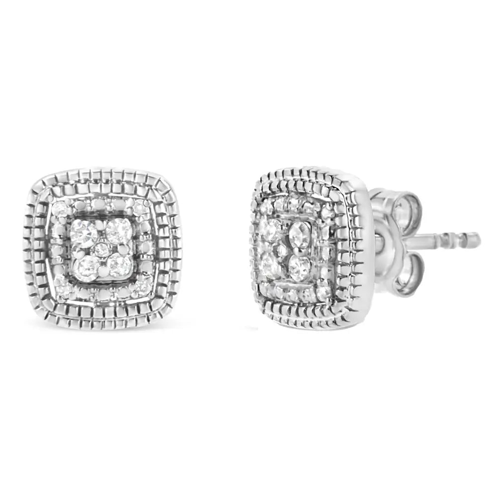 .925 Sterling Silver 1/10 Cttw Prong-set Round Cut Diamond Square Shape with Milgrain Halo Stud Earrings (i-j Color