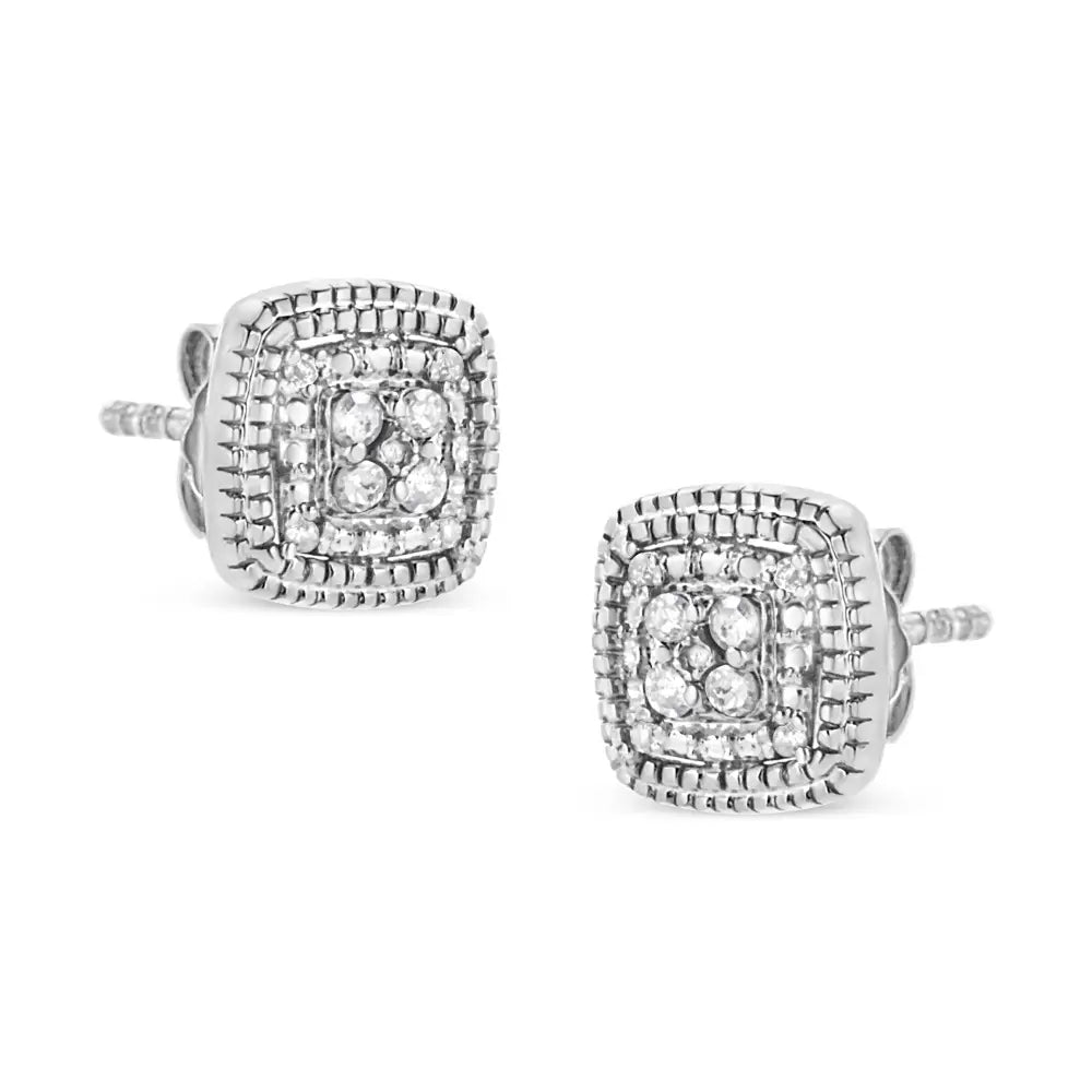 .925 Sterling Silver 1/10 Cttw Prong-set Round Cut Diamond Square Shape with Milgrain Halo Stud Earrings (i-j Color