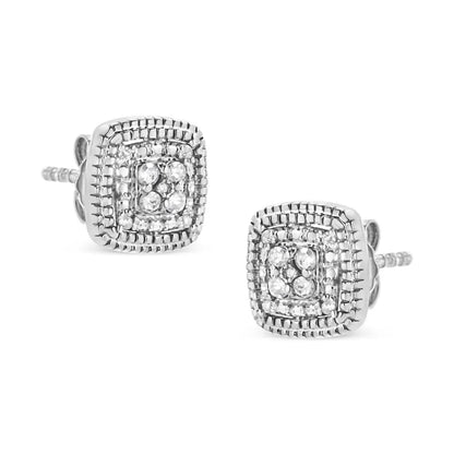 .925 Sterling Silver 1/10 Cttw Prong-set Round Cut Diamond Square Shape with Milgrain Halo Stud Earrings (i-j Color