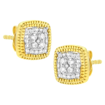 .925 Sterling Silver 1/10 Cttw Prong-set Round Cut Diamond Square Shape with Milgrain Halo Stud Earrings (i-j Color