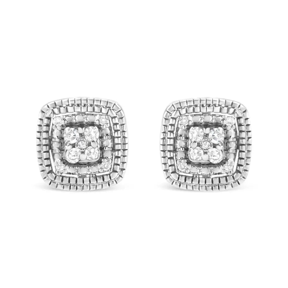 .925 Sterling Silver 1/10 Cttw Prong-set Round Cut Diamond Square Shape with Milgrain Halo Stud Earrings (i-j Color