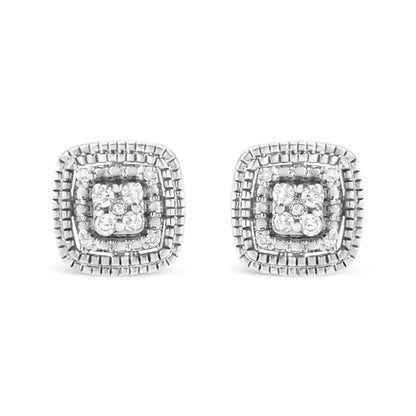 .925 Sterling Silver 1/10 Cttw Prong-set Round Cut Diamond Square Shape with Milgrain Halo Stud Earrings (i-j Color