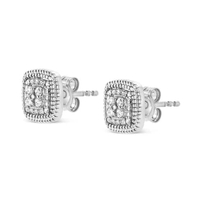 .925 Sterling Silver 1/10 Cttw Prong-set Round Cut Diamond Square Shape with Milgrain Halo Stud Earrings (i-j Color