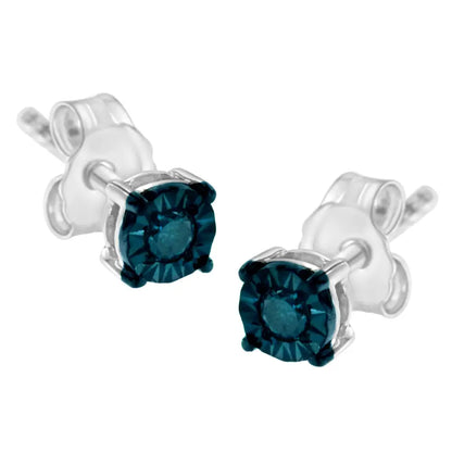 .925 Sterling Silver 1/10 Cttw Round Brilliant-cut Blue Diamond Miracle-set Stud Earrings (fancy Color-enhanced I2-i3