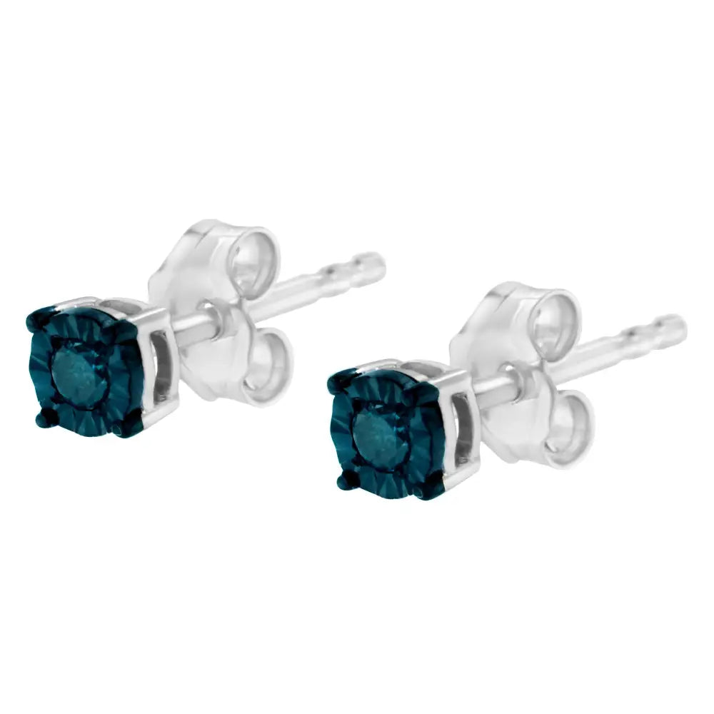 .925 Sterling Silver 1/10 Cttw Round Brilliant-cut Blue Diamond Miracle-set Stud Earrings (fancy Color-enhanced I2-i3