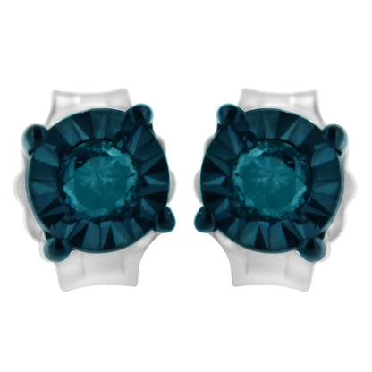 .925 Sterling Silver 1/10 Cttw Round Brilliant-cut Blue Diamond Miracle-set Stud Earrings (fancy Color-enhanced I2-i3