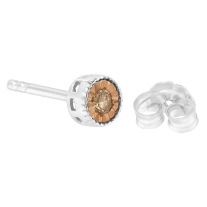 .925 Sterling Silver 1/10 Cttw Round Brilliant-cut Champagne Diamond Miracle-set Stud Earrings (natural Color I1-i2