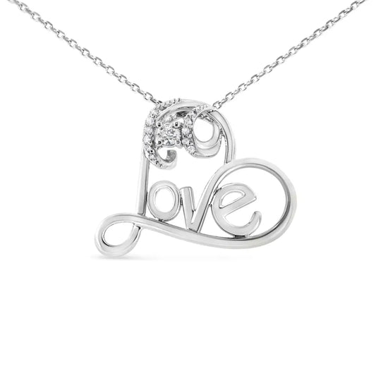 .925 Sterling Silver 1/10 Cttw Round Brilliant-cut Diamond Accented Open Heart with Love 18’’ Pendant Necklace (h-i