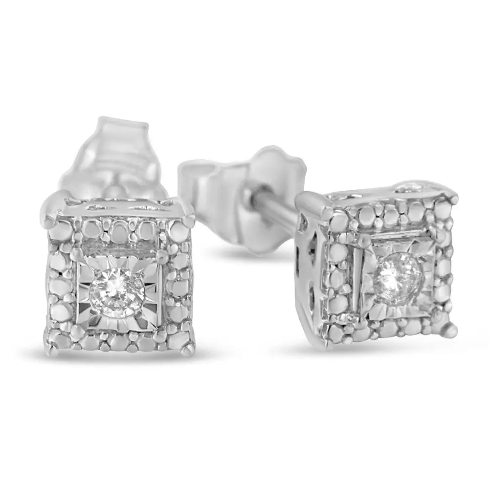 .925 Sterling Silver 1/10 Cttw Round Brilliant-cut Near Colorless Diamond Miracle-set Beaded Square Stud Earrings (h-i