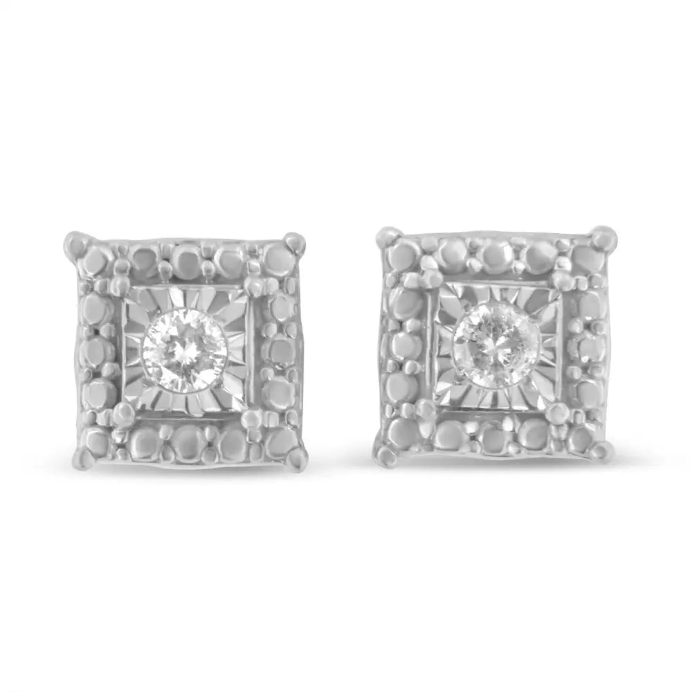 .925 Sterling Silver 1/10 Cttw Round Brilliant-cut Near Colorless Diamond Miracle-set Beaded Square Stud Earrings (h-i