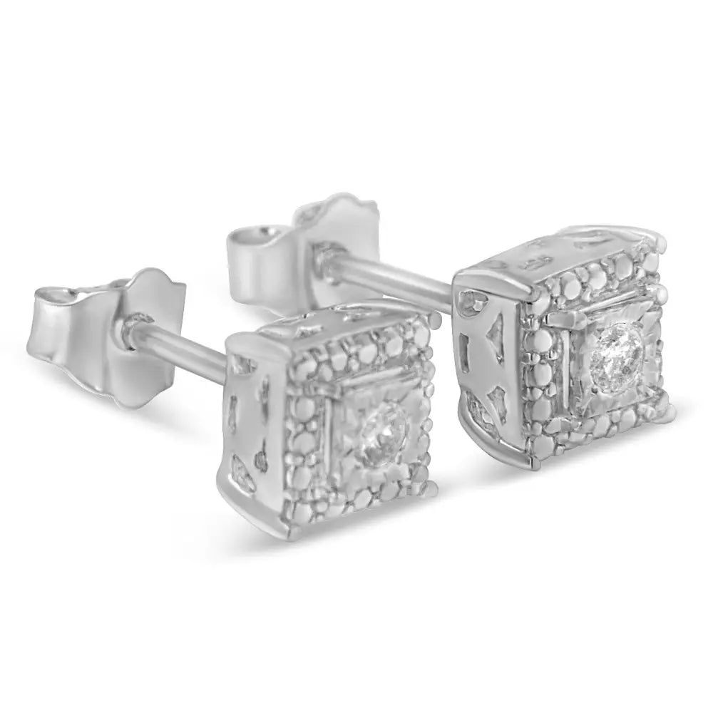 .925 Sterling Silver 1/10 Cttw Round Brilliant-cut Near Colorless Diamond Miracle-set Beaded Square Stud Earrings (h-i