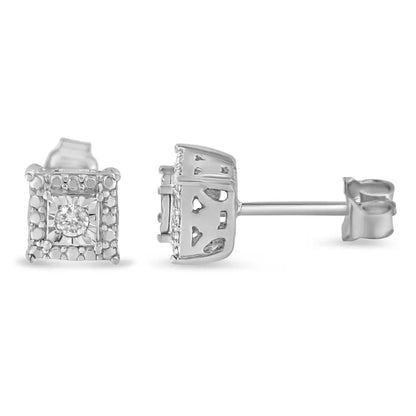 .925 Sterling Silver 1/10 Cttw Round Brilliant-cut Near Colorless Diamond Miracle-set Beaded Square Stud Earrings (h-i