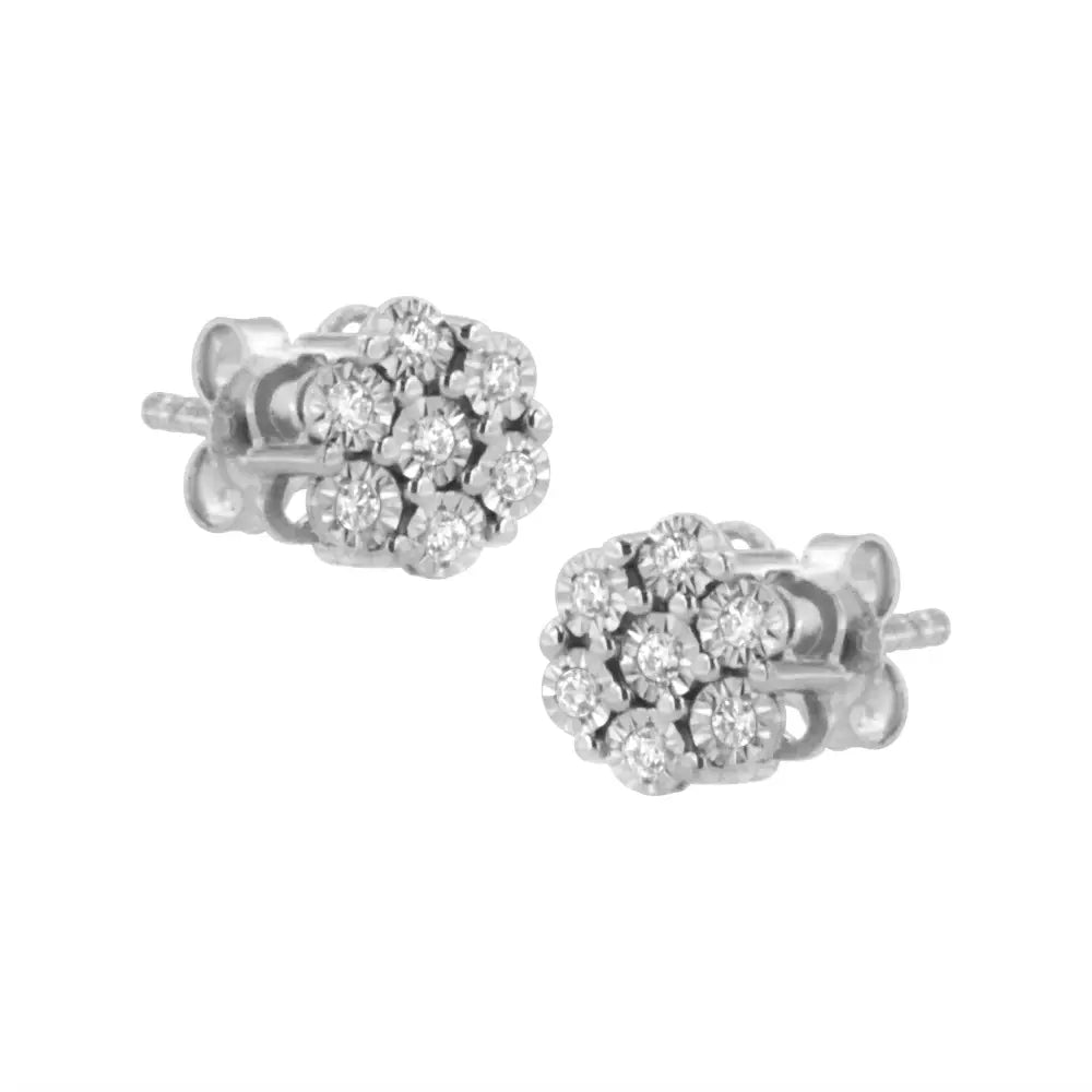 .925 Sterling Silver 1/10 Cttw Round-cut Diamond Miracle-set Floral Cluster Button Stud Earrings (i-j Color I2-i3