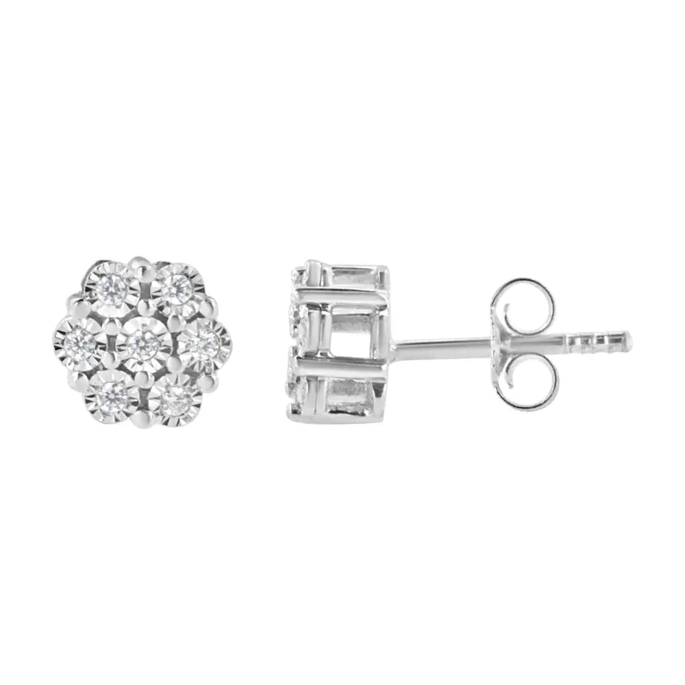 .925 Sterling Silver 1/10 Cttw Round-cut Diamond Miracle-set Floral Cluster Button Stud Earrings (i-j Color I2-i3