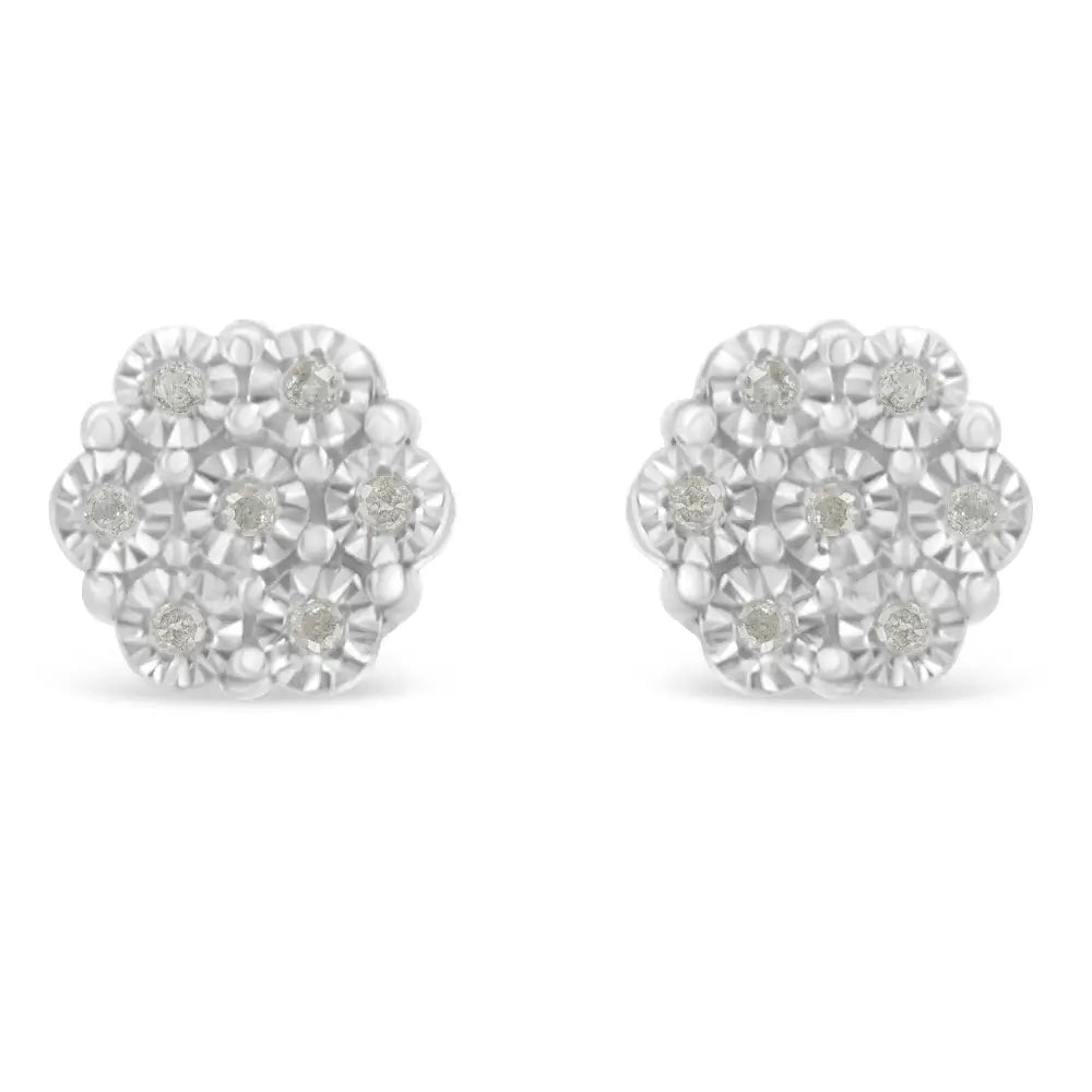 .925 Sterling Silver 1/10 Cttw Round-cut Diamond Miracle-set Floral Cluster Button Stud Earrings (i-j Color I2-i3