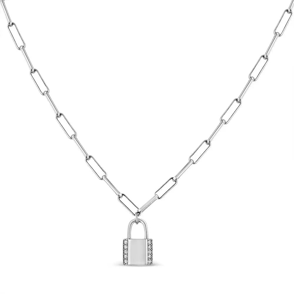 .925 Sterling Silver 1/10 Cttw Round Diamond Lock Pendant Paperclip Chin Necklace (h-i Color Si1-si2 Clarity) - Fine