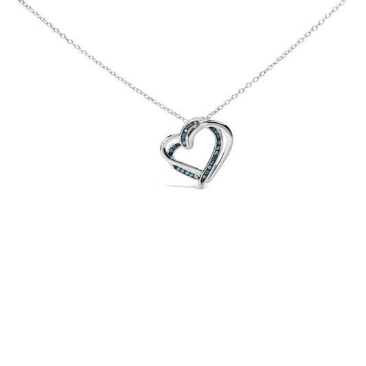 925 Sterling Silver 1/10 Cttw Treated Blue Diamond Double Heart 18’’ Pendant Necklace (blue Color I2-i3 Clarity)