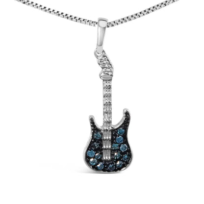 925 Sterling Silver 1/10 Cttw Treated Diamond Guitar 18’’ Pendant Necklace (blue Color I2-i3 Clarity) - Fine