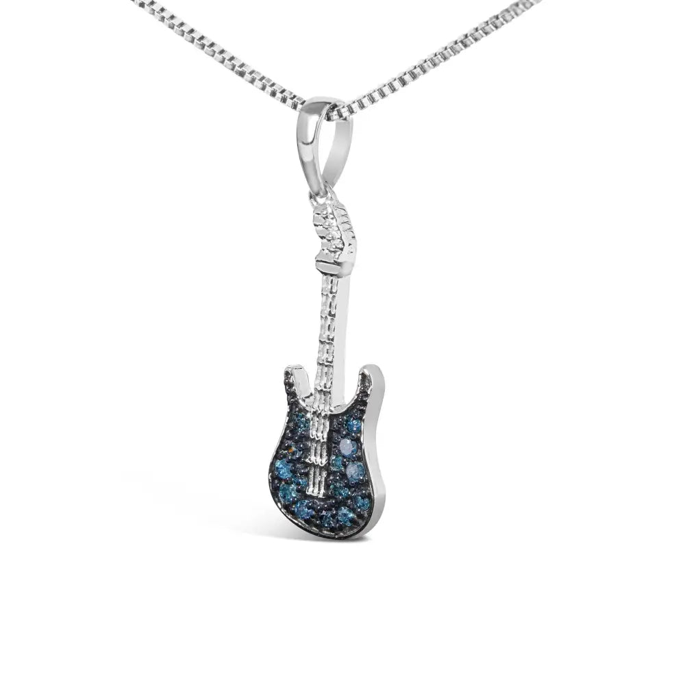 925 Sterling Silver 1/10 Cttw Treated Diamond Guitar 18’’ Pendant Necklace (blue Color I2-i3 Clarity) - Fine