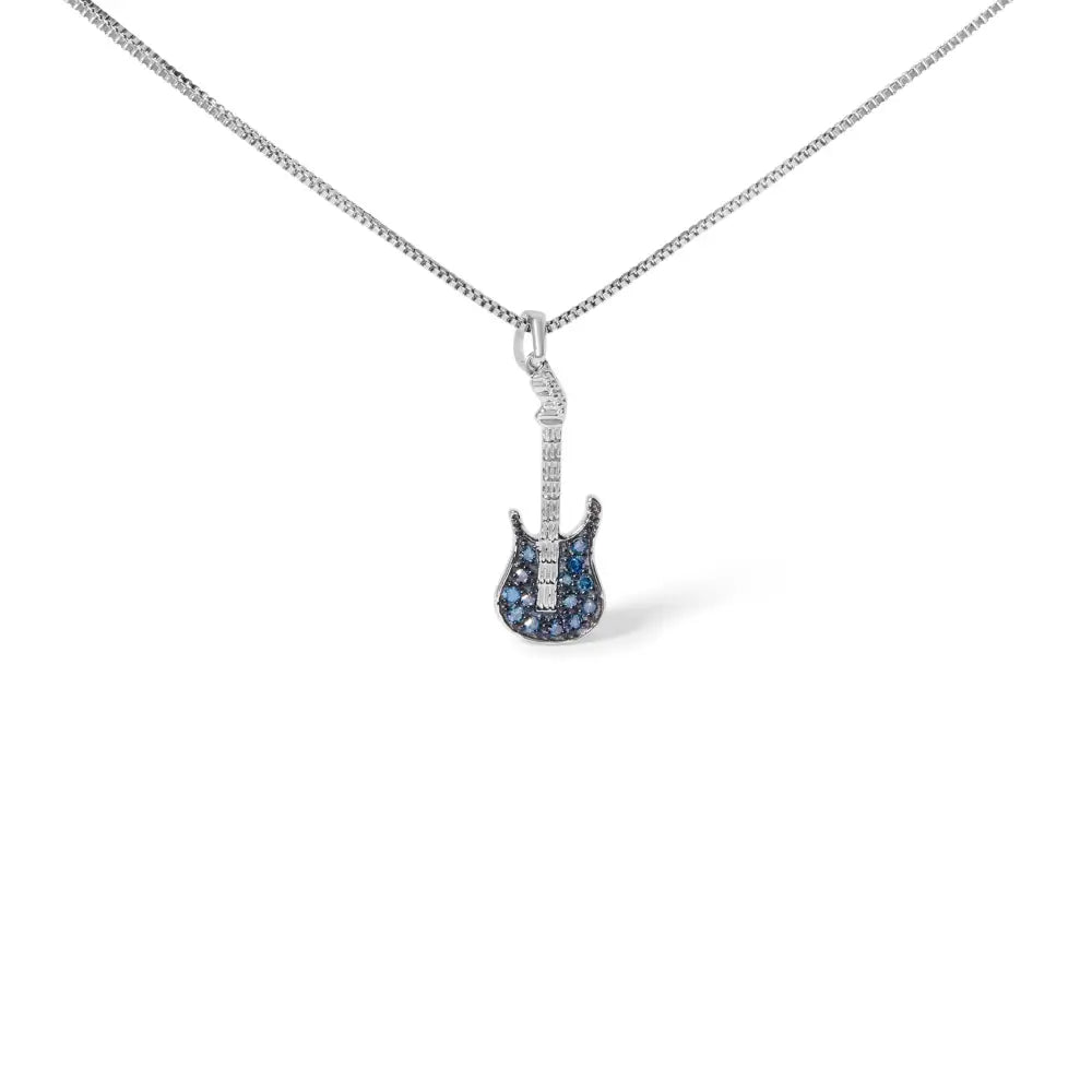 925 Sterling Silver 1/10 Cttw Treated Diamond Guitar 18’’ Pendant Necklace (blue Color I2-i3 Clarity) - Fine