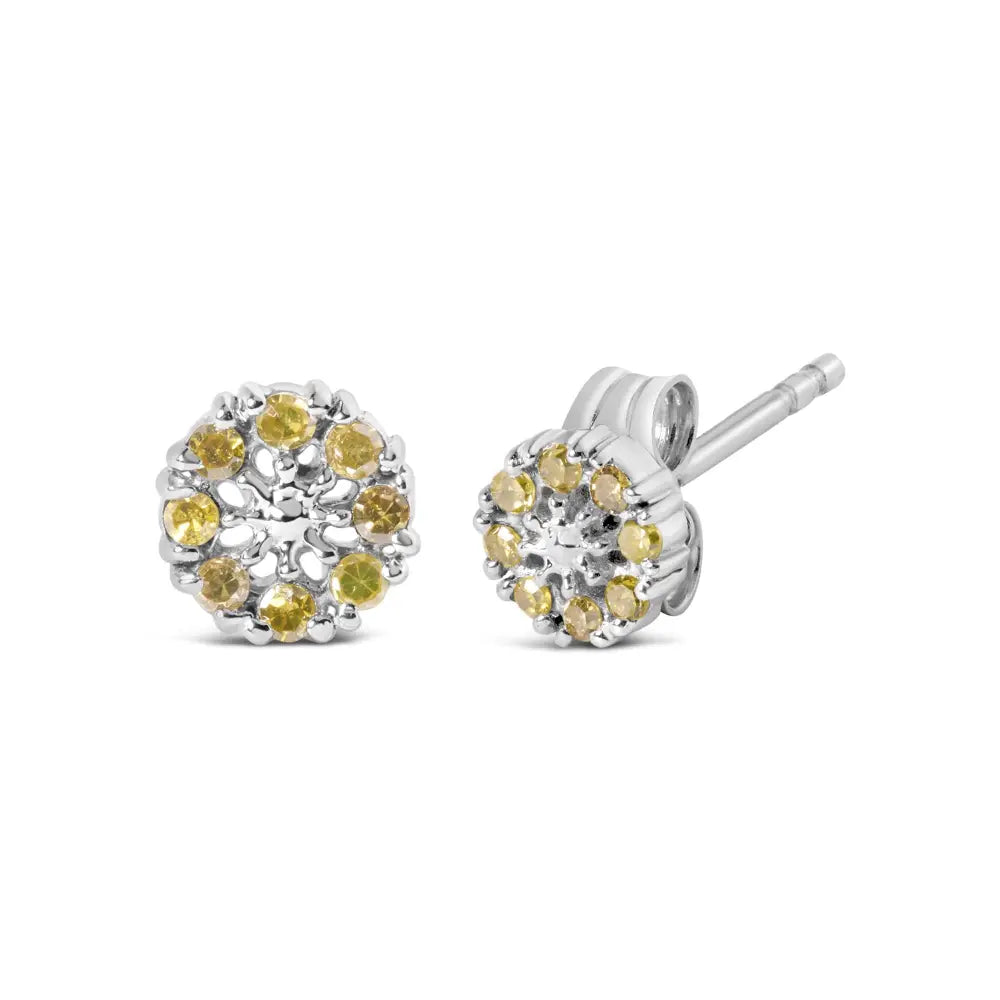 925 Sterling Silver 1/10 Cttw Yellow Diamond Floral Cluster Stud Earrings (yellow Color I3 Clarity) - Fine Jewelry