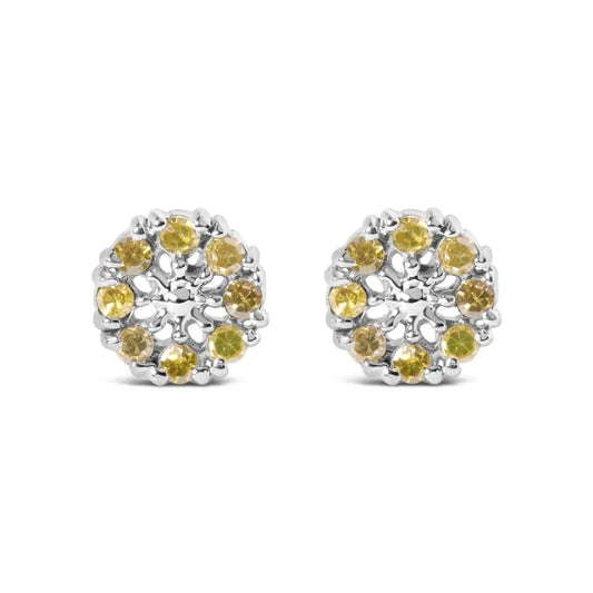 925 Sterling Silver 1/10 Cttw Yellow Diamond Floral Cluster Stud Earrings (yellow Color I3 Clarity) - Fine Jewelry