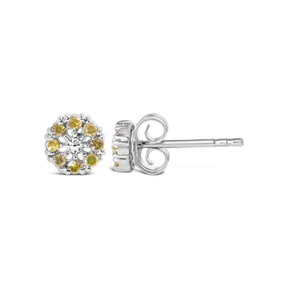 925 Sterling Silver 1/10 Cttw Yellow Diamond Floral Cluster Stud Earrings (yellow Color I3 Clarity) - Fine Jewelry