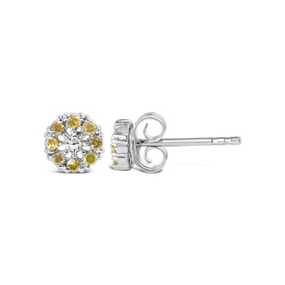 925 Sterling Silver 1/10 Cttw Yellow Diamond Floral Cluster Stud Earrings (yellow Color I3 Clarity) - Fine Jewelry